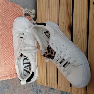 Zara Women's Size 10 (Eur 41) White Sneakers, Black And Leopard Print Accents